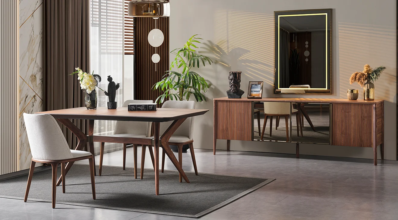 Antik Aynalı Ahşap Ayaklı Yemek Odası Takımı