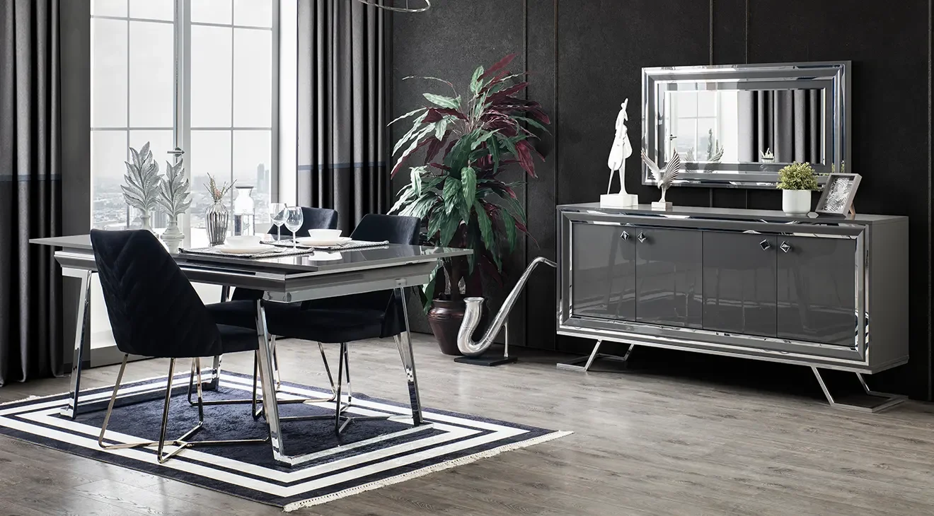 Asos Metal Ayaklı Yemek Odası Takımı (Antrasit)