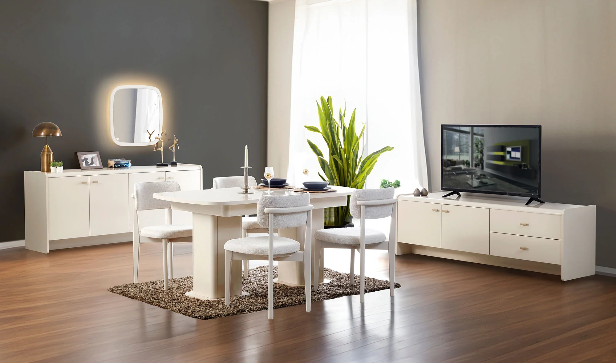 Konsol + Açılır yemek masası + 6 sandalye