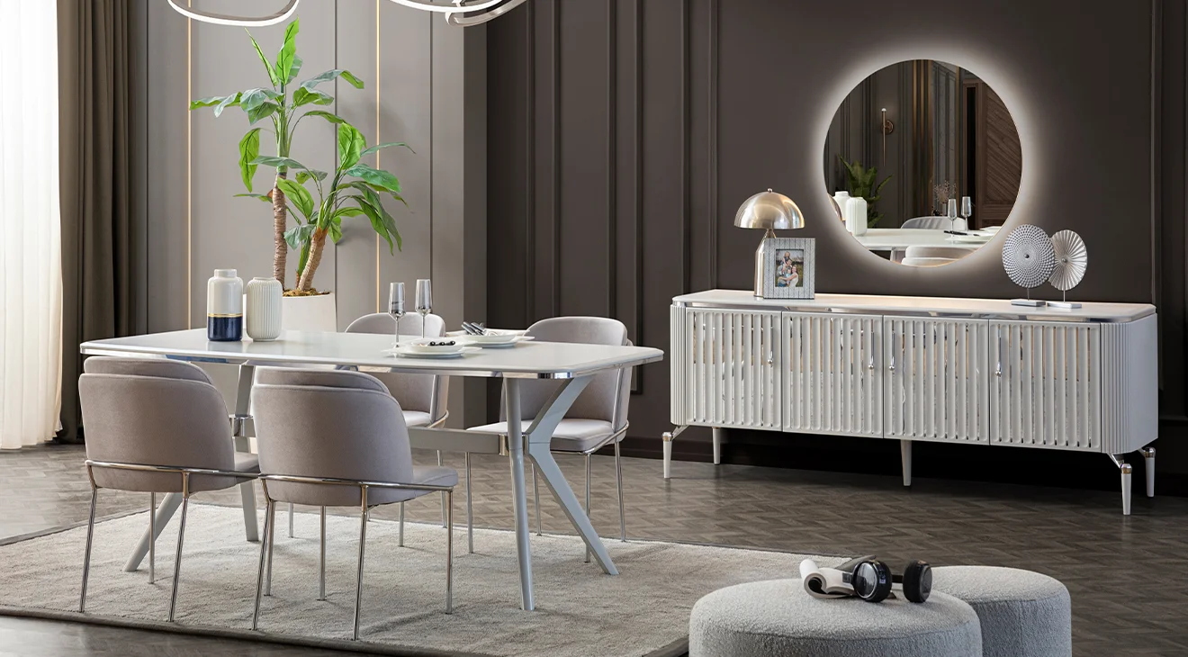Biance Gümüş Metal Ayaklı Yemek Odası Takımı