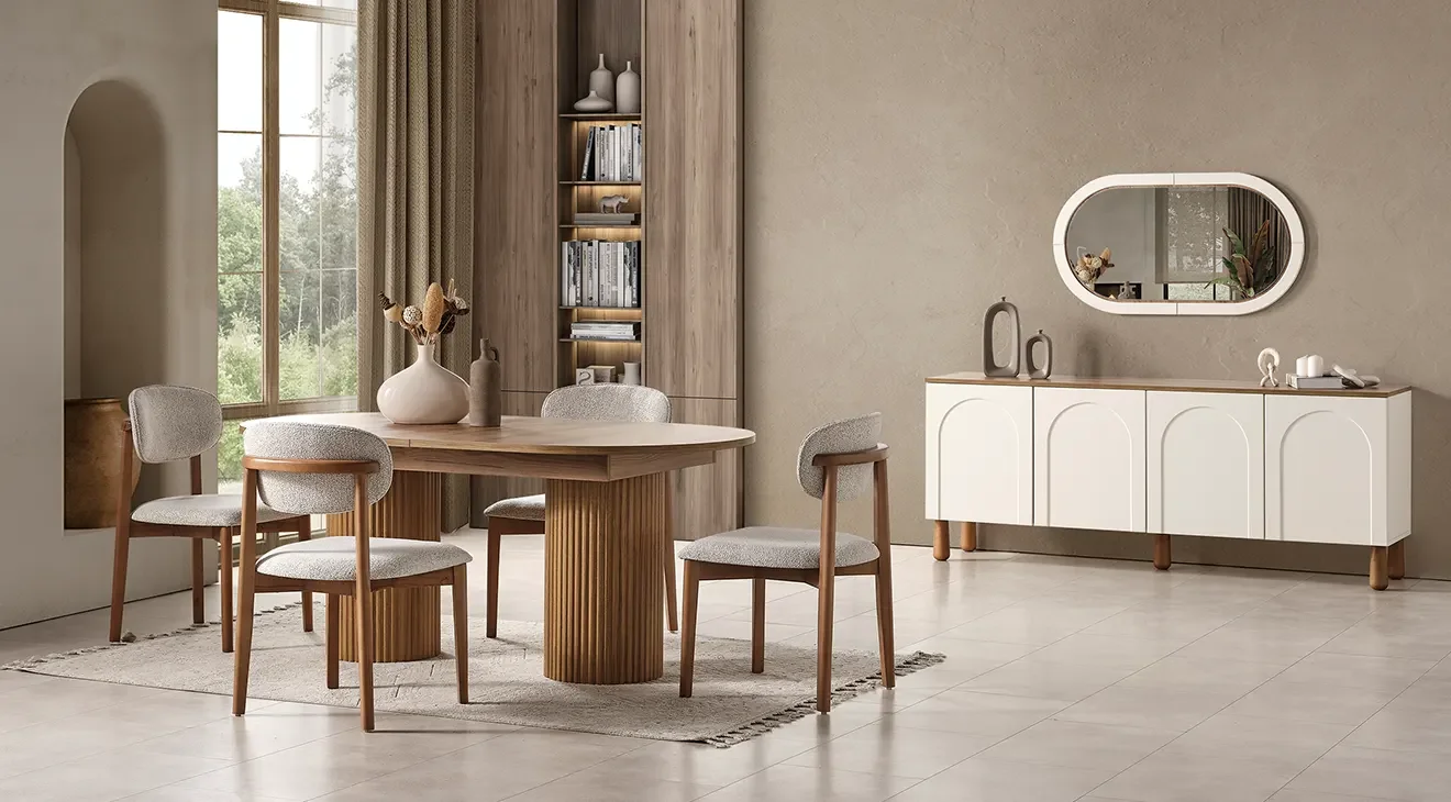 Bohem Ceviz Ahşap Ayaklı Yemek Odası Takımı