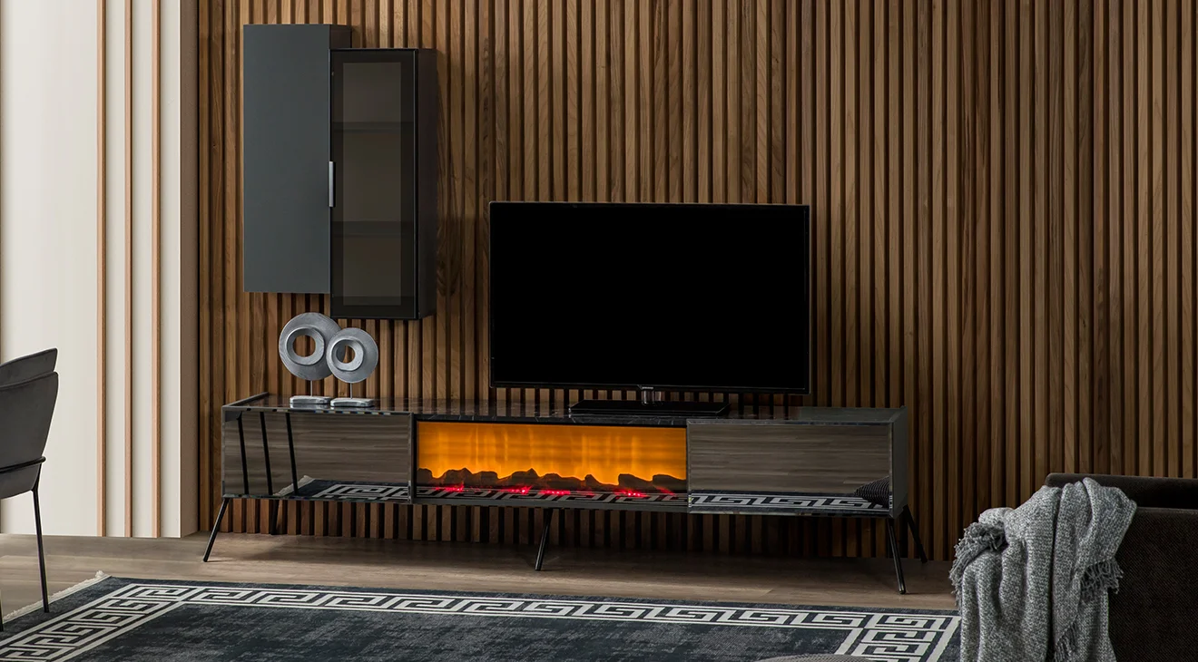 Bronze Antrasit Şömineli Tv Ünitesi