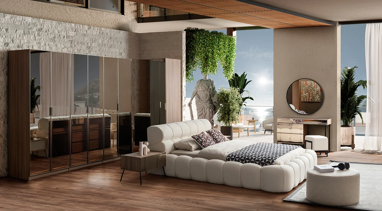 Bronze Ceviz Köşe Dolaplı Yatak Odası Takımı