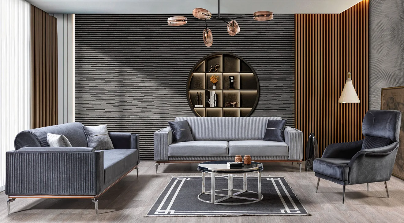 Bugatti Yataklı Gümüş Metal Ayaklı Koltuk Takımı