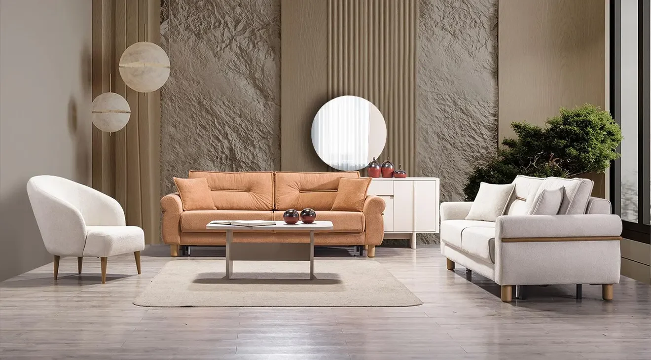 Buse Yataklı Sandıklı Ahşap Ayaklı Koltuk Takımı