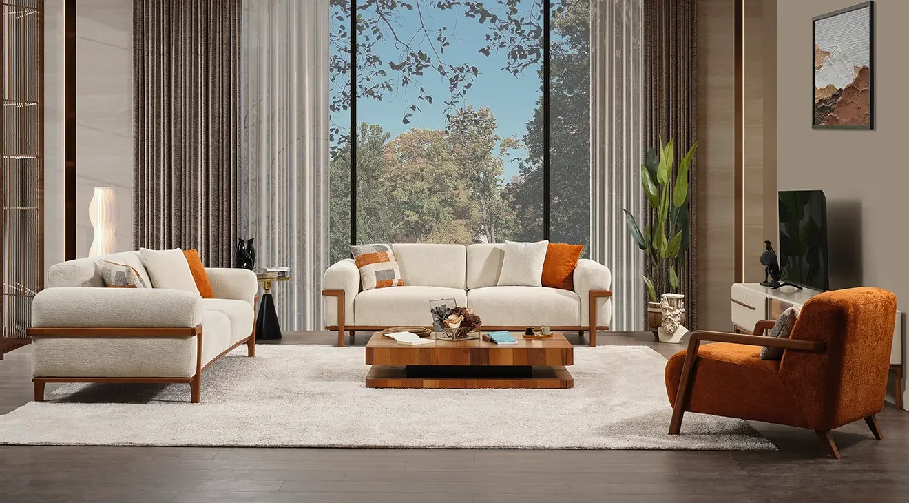 Deniz Ahşap Ayaklı Yataklı Koltuk Takımı