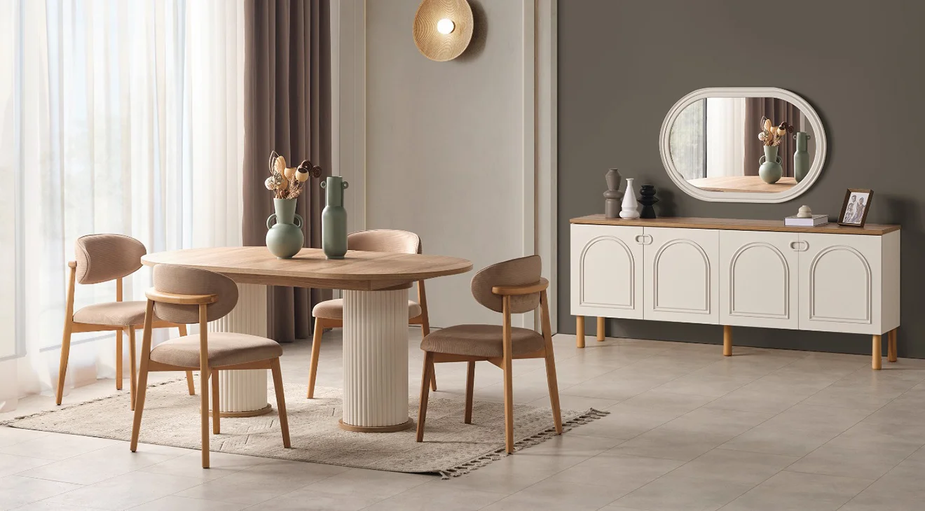 Derin Ahşap Ayaklı Bohem Yemek Odası Takımı