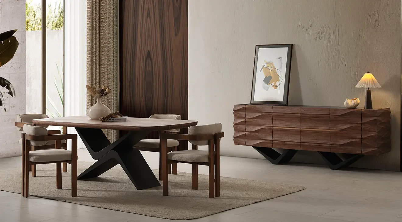 Dolunay Ceviz Metal Ayaklı Yemek Odası Takımı