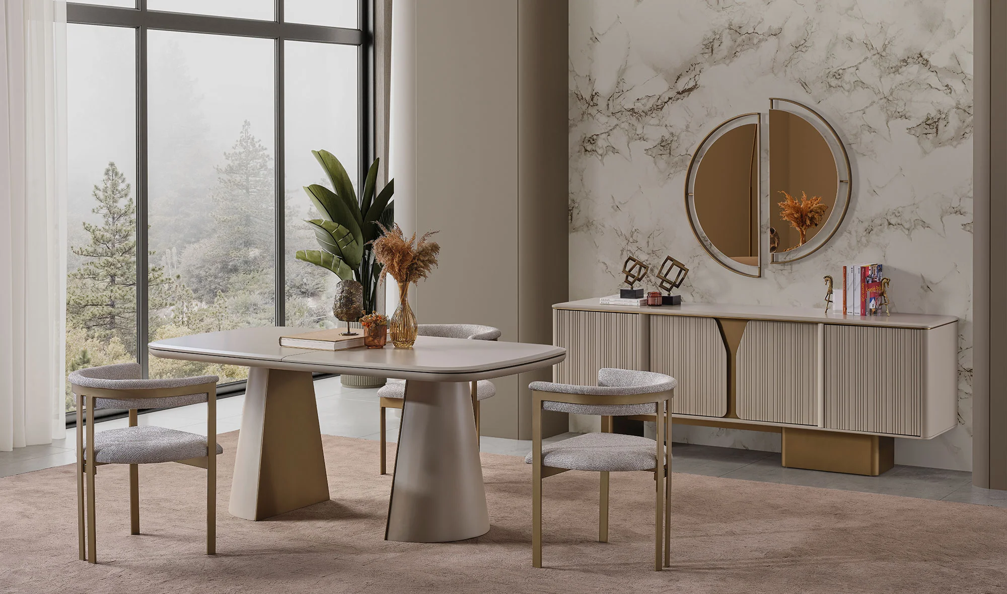 Konsol + Açılır yemek masası + 6 sandalye