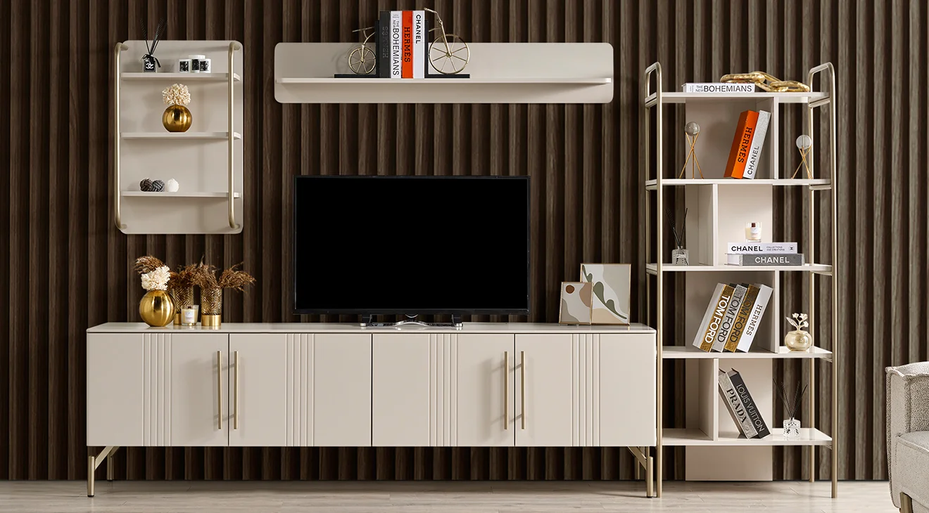 Eva Gold Metal Ayaklı Kitaplıklı Tv Ünitesi