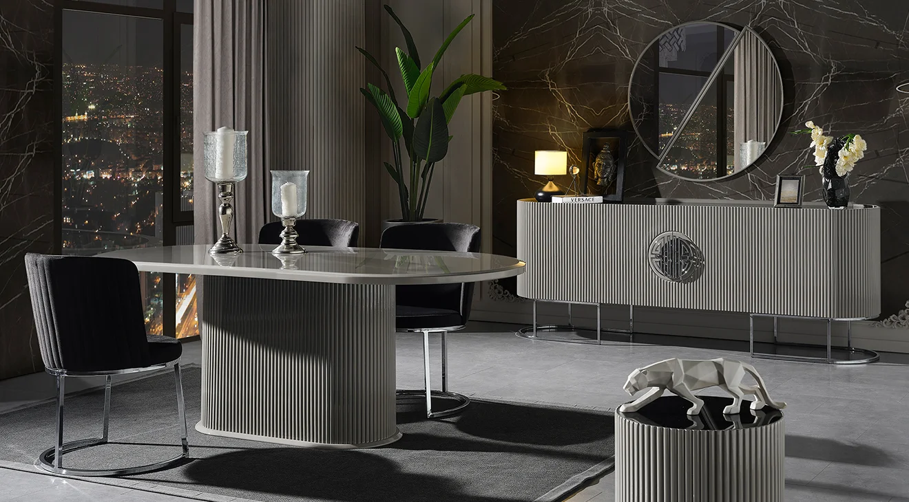 Gucci Duman Grisi Metal Ayaklı Yemek Odası Takımı 2