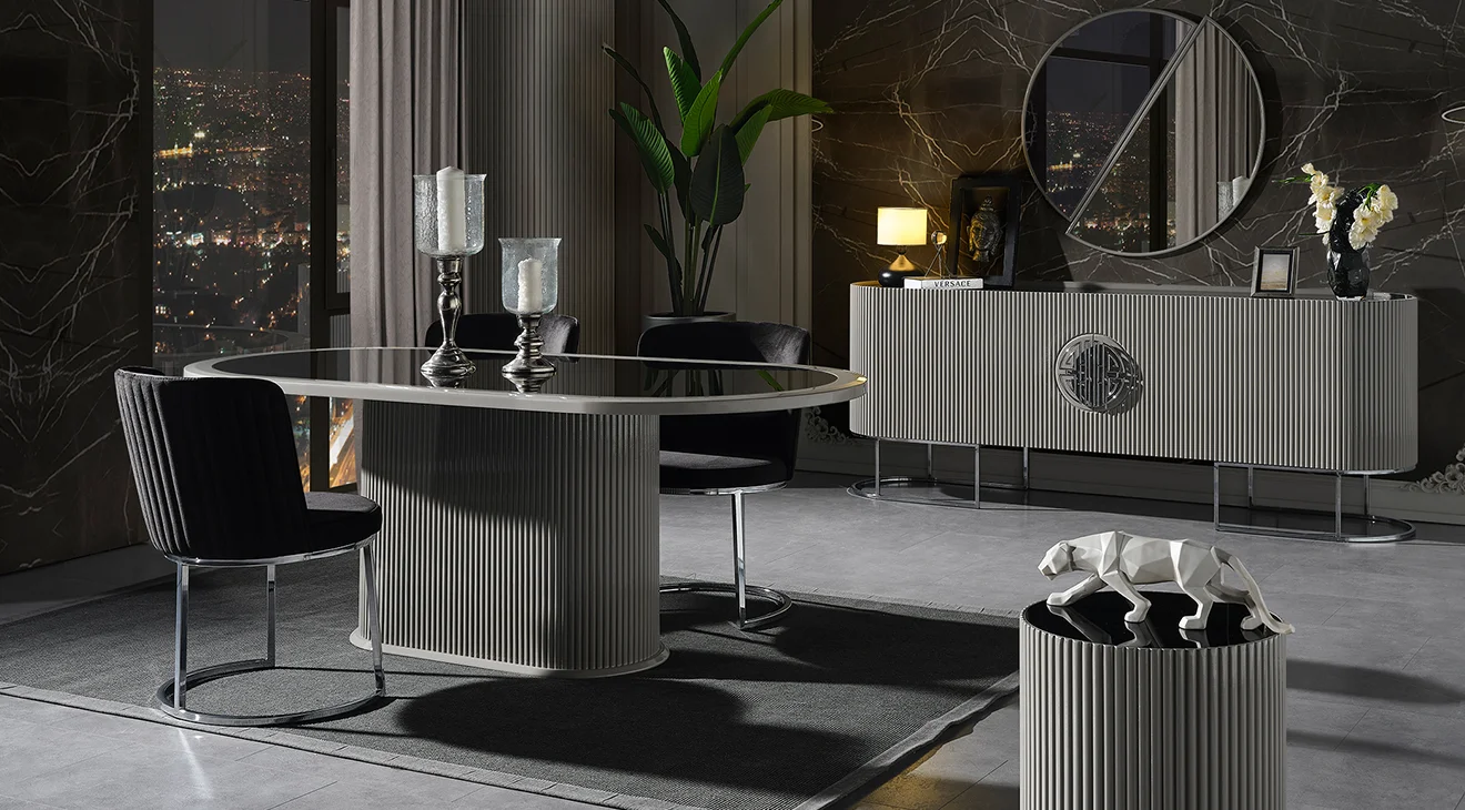 Gucci Duman Grisi Metal Ayaklı Yemek Odası Takımı