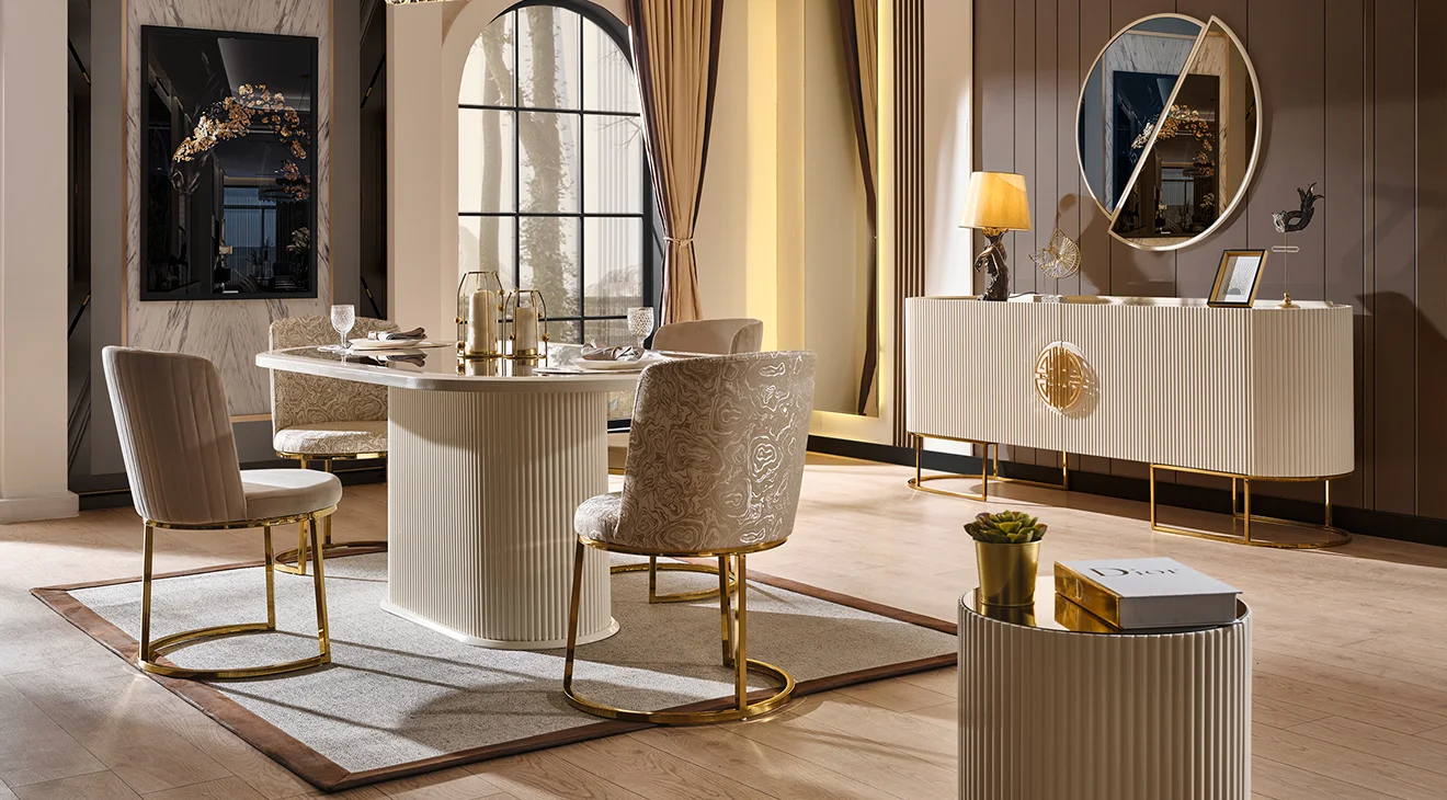 Gucci Ekru Gold Metal Ayaklı Yemek Odası Takımı