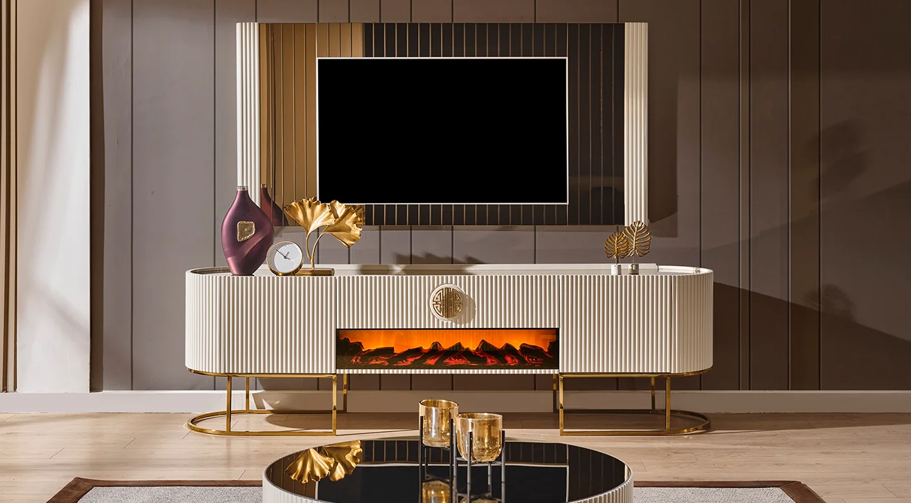 Gucci Ekru Gold Şömineli Tv Ünitesi
