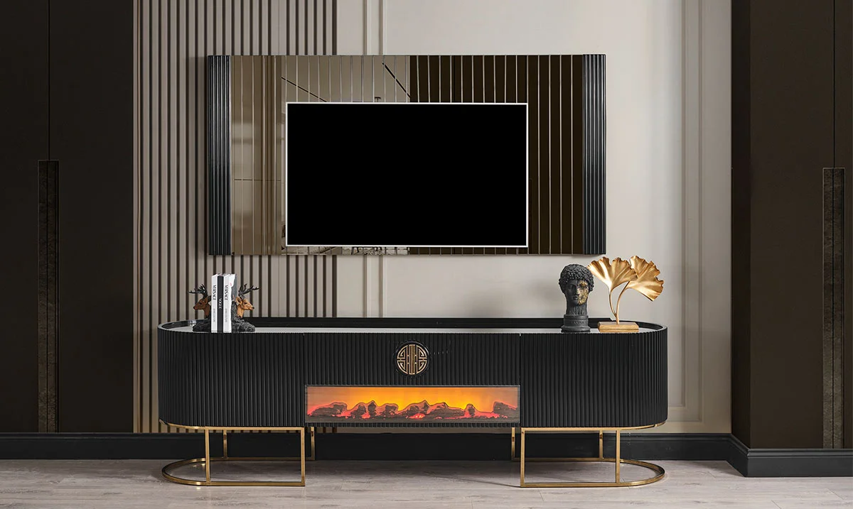 Gucci Şömineli Gold Metal Ayaklı Tv Ünitesi