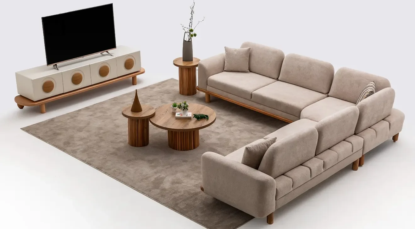 İnci Ahşap Ayaklı Köşe Koltuk Takımı