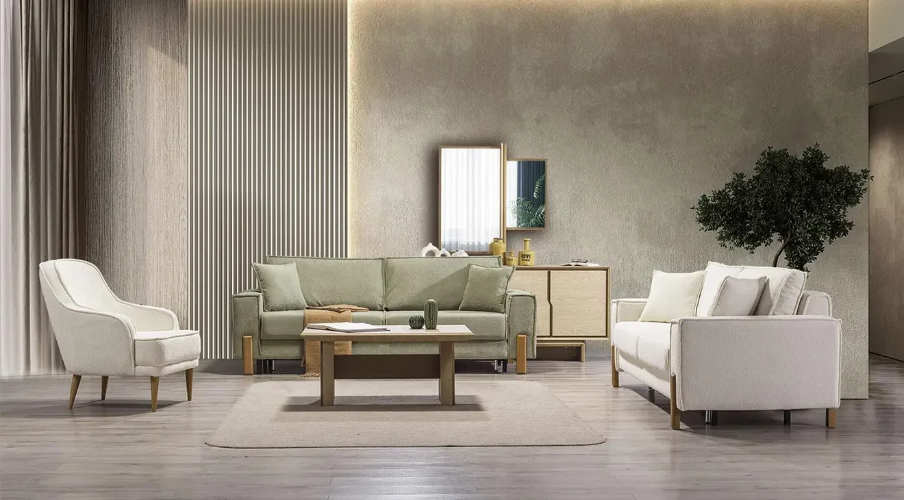 İpek Yataklı Sandıklı Ahşap Ayaklı Koltuk Takımı