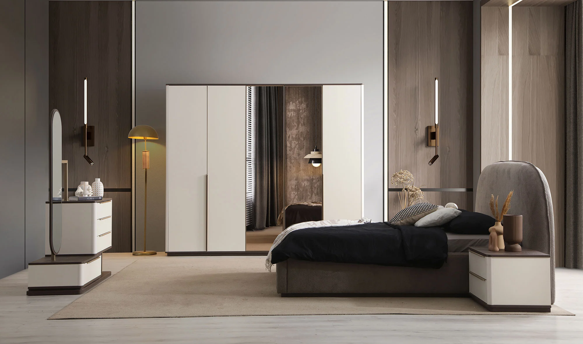 Gardrop+ Bazalı Karyola+ Şifonyer+ 2 Komodin