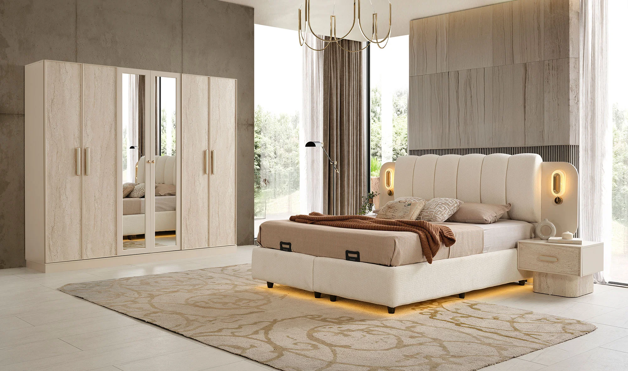 Gardırop + Başlık + Şifonyer + 2 Komodin