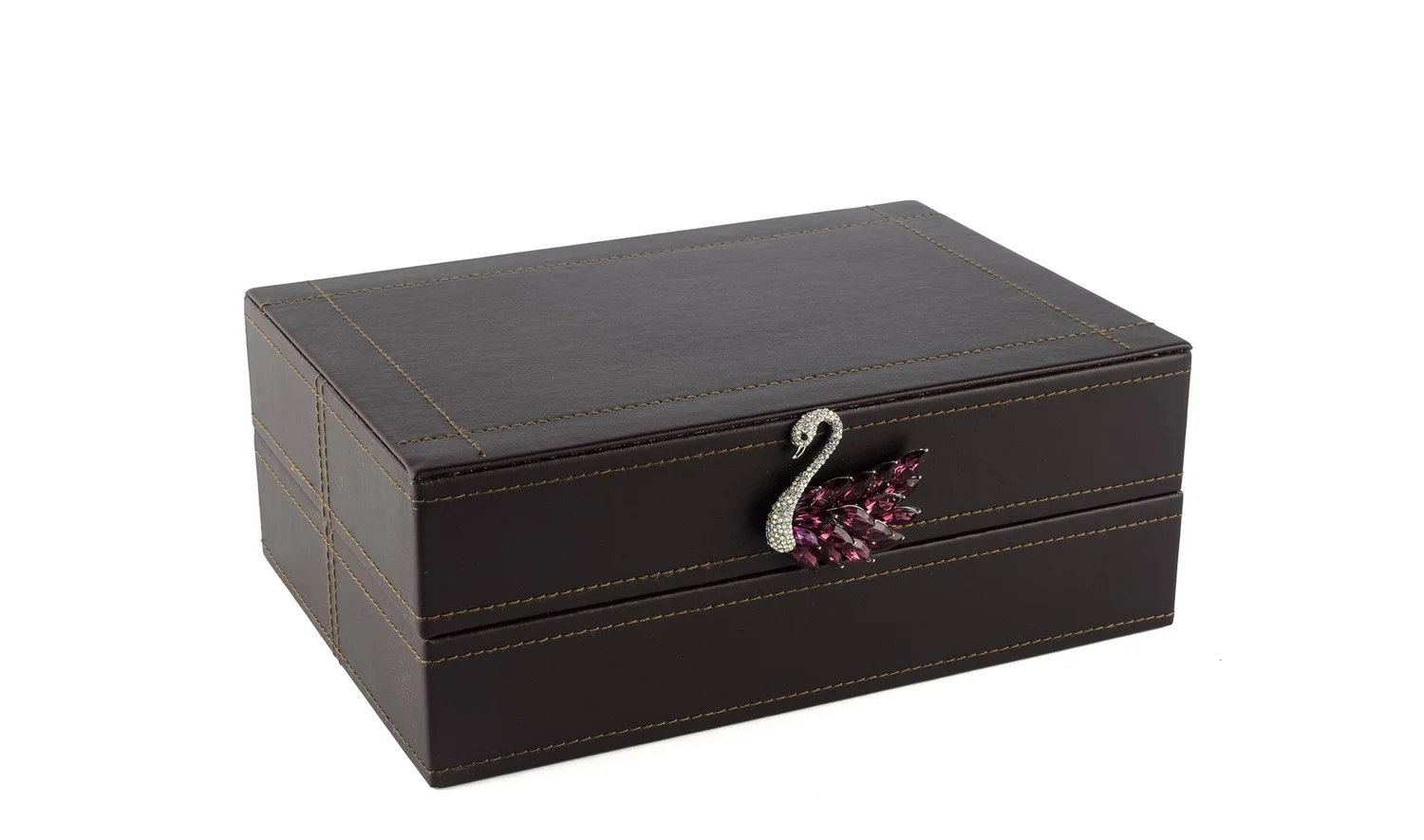 Koyu Mor Kuğu Kulplu Deri Kutu 26x18 cm