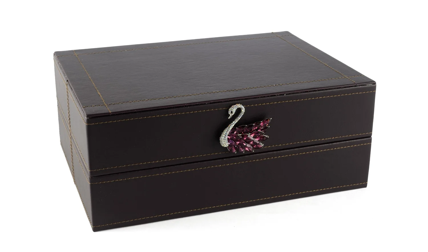 Koyu Mor Kuğu Kulplu Deri Kutu 30x22 cm