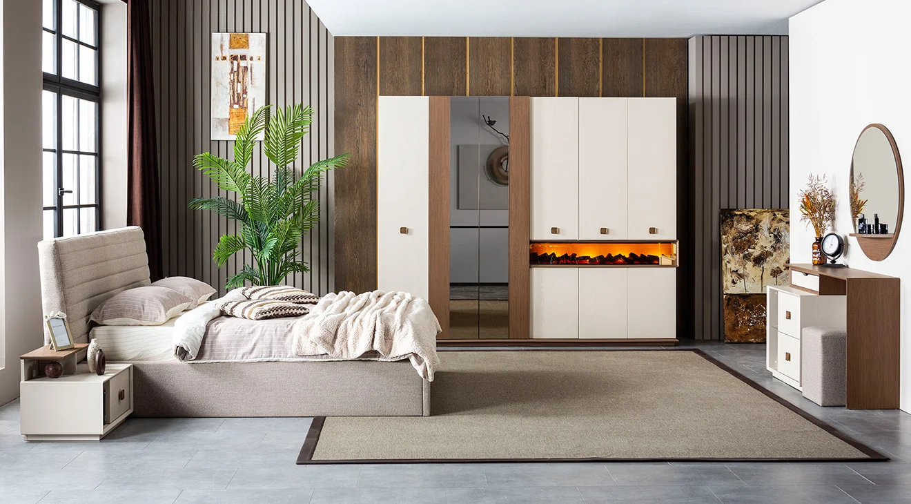 Orjin Şömineli Modern Yatak Odası Takımı