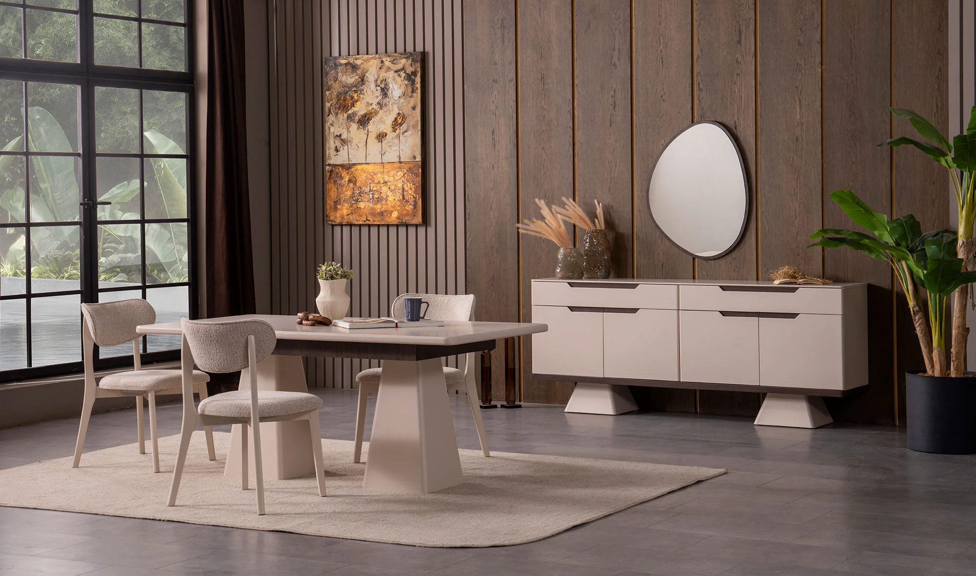 Konsol + Açılır yemek masası + 6 sandalye