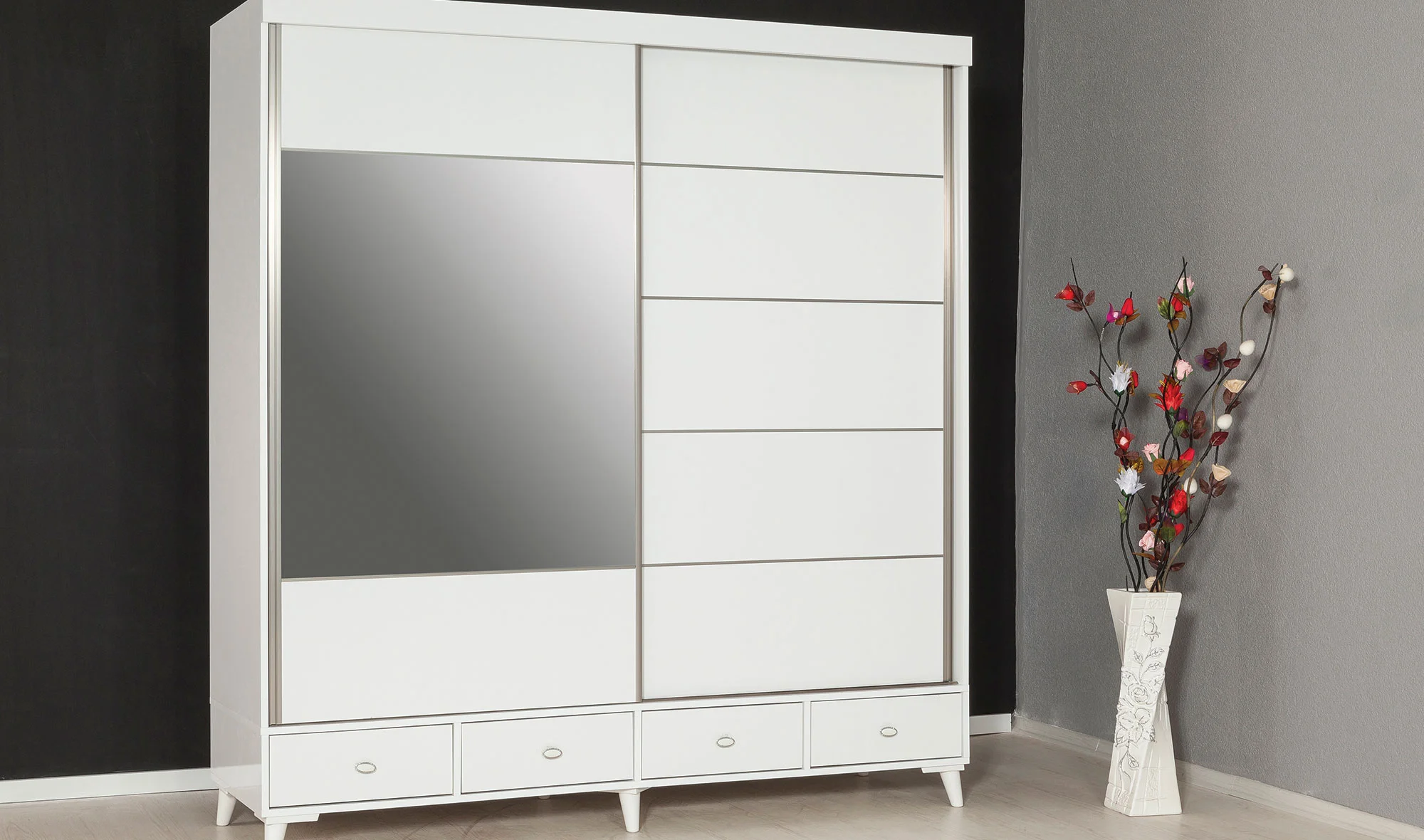 Plane Sürgülü Gardrop - Çekmeceli Beyaz