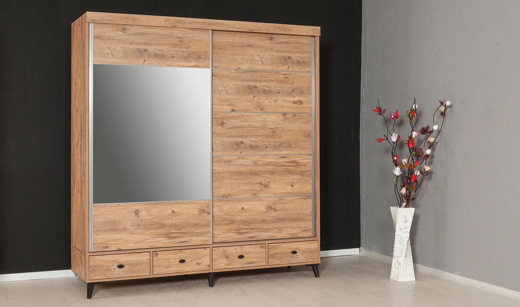 Plane Sürgülü Gardrop - Çekmeceli Ceviz