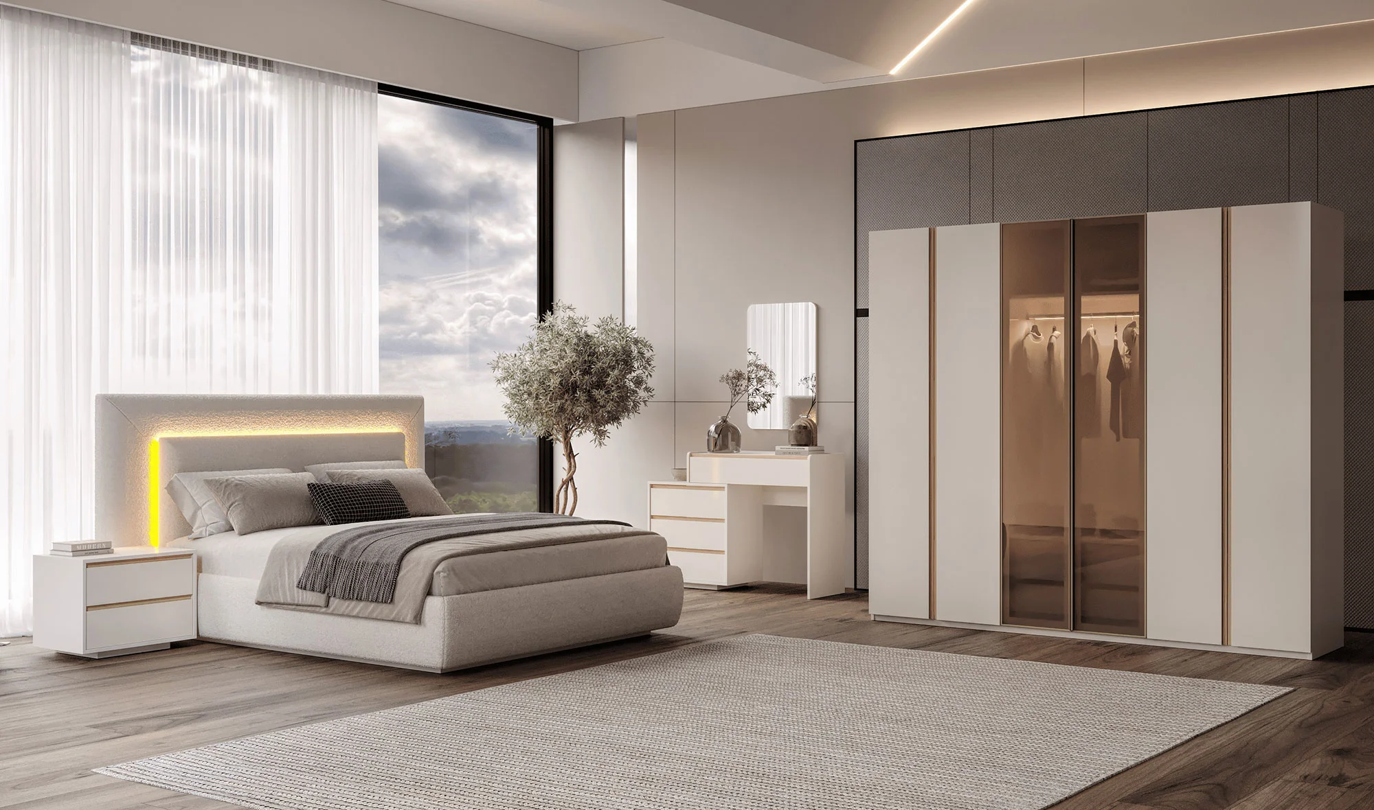 Gardırop + Başlık + Şifonyer + 2 Komodin