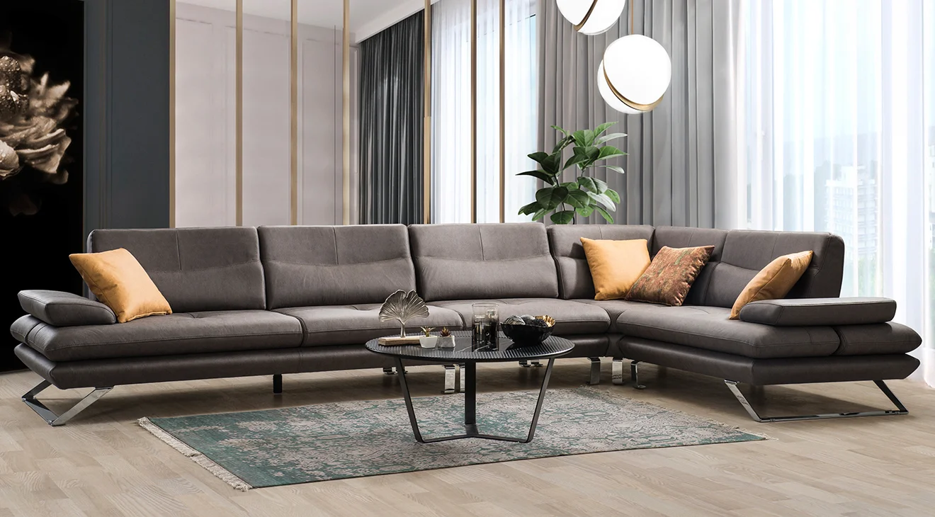 Polo Yataklı Gümüş Metal Ayaklı Köşe Koltuk Takımı