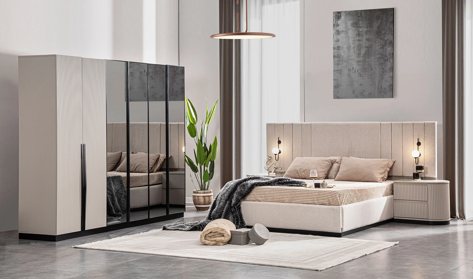 Gardrop+ Bazalı Karyola+ Şifonyer+ 2 Komodin