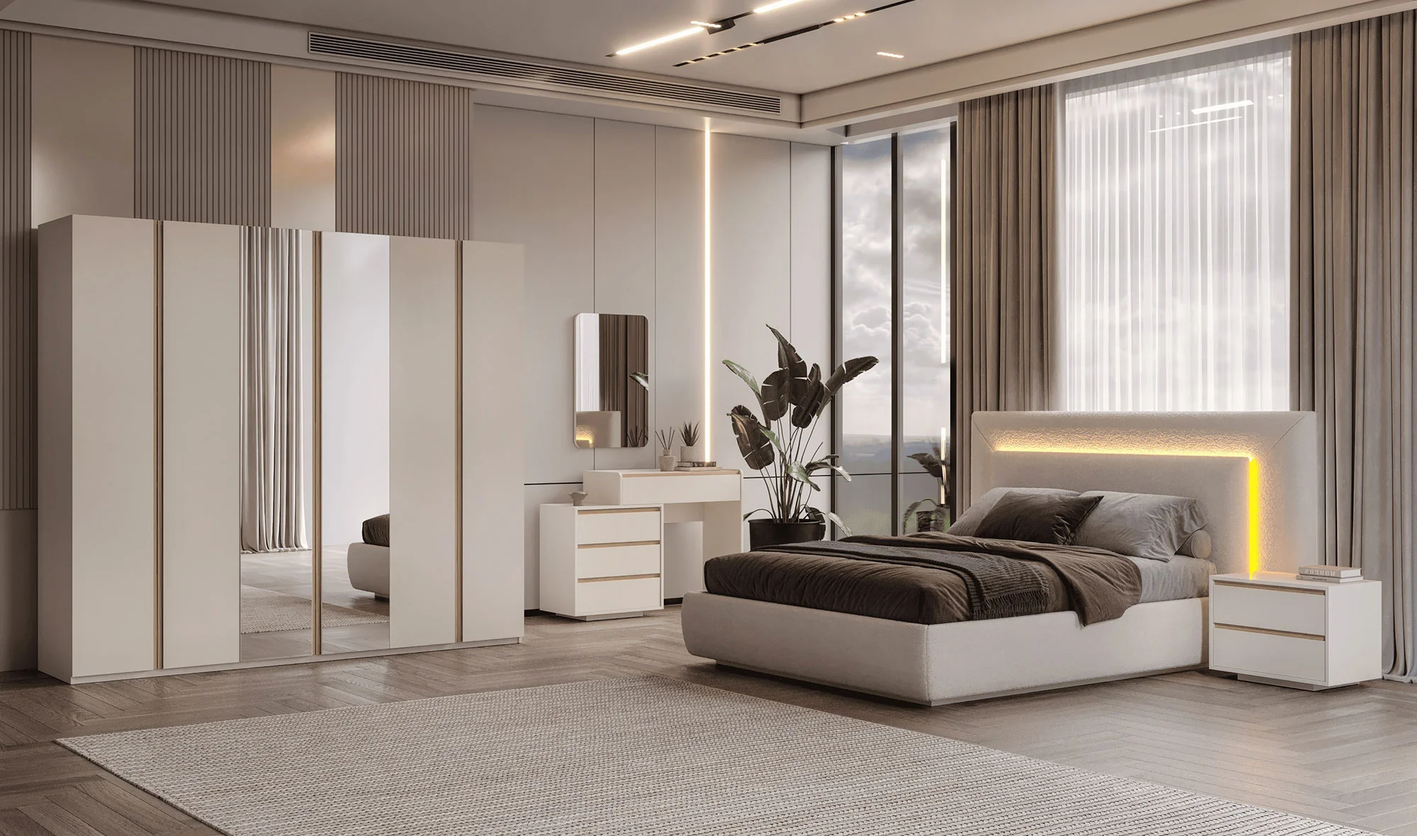 Gardırop + Başlık + Şifonyer + 2 Komodin