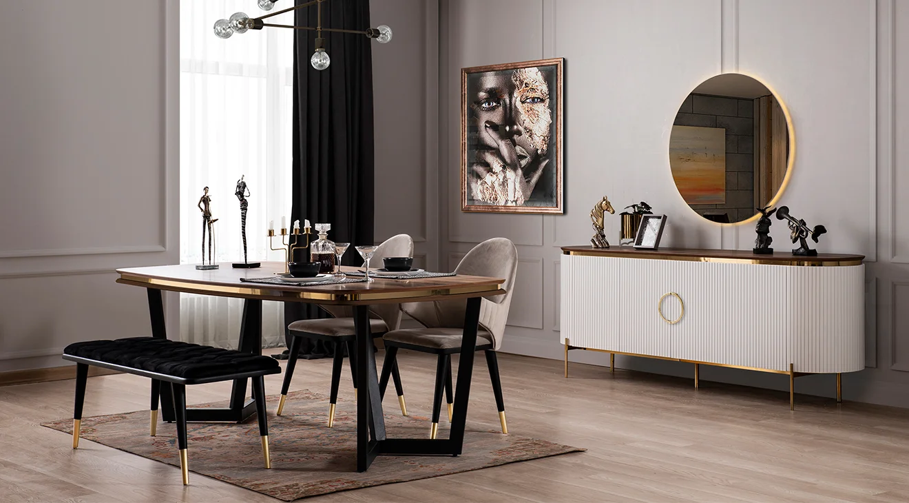 Tesla Metal Ayaklı Beyaz Yemek Odası Takımı (Gold)
