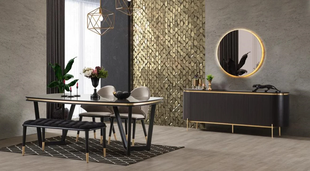 Tesla Metal Ayaklı Gold Yemek Odası Takımı