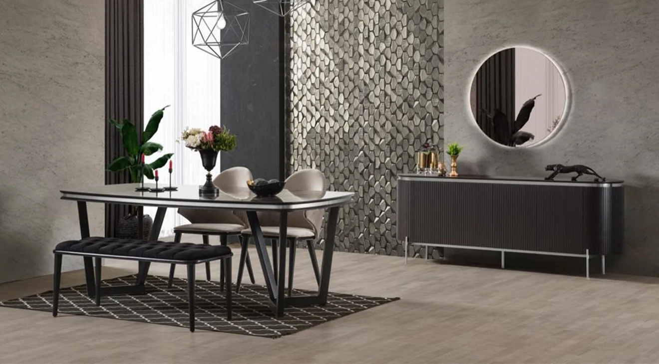 Tesla Metal Ayaklı Gümüş Yemek Odası Takımı