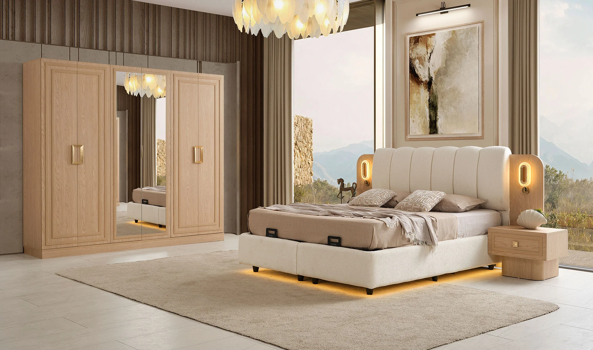 Gardırop + Başlık + Şifonyer + 2 Komodin