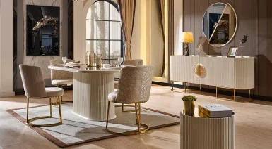 Gucci Ekru Gold Metal Ayaklı Yemek Odası Takımı