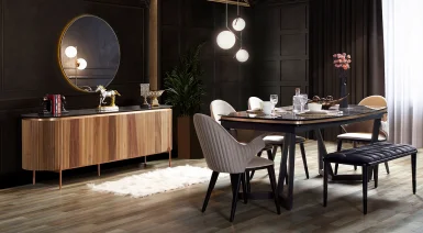 Tesla Metal Ayaklı Ceviz Yemek Odası Takımı