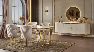 Tesla Yemek Odası Takımı Luxury Gold Metal Ayaklı