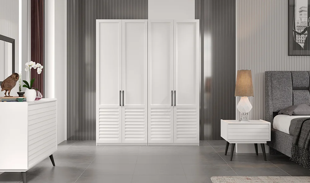 Çizgi 4 Kapılı Gardrop - Beyaz
