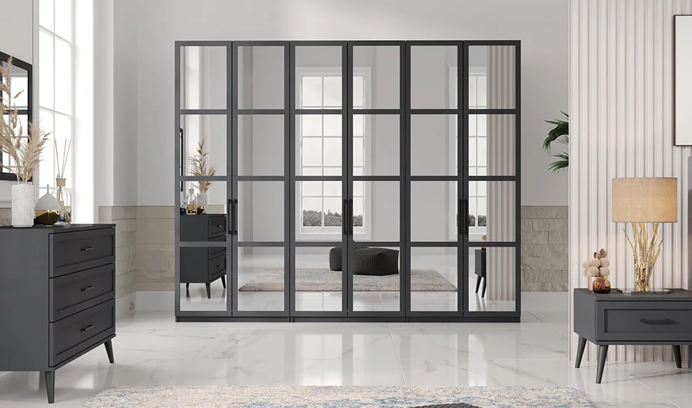 Liya Antrasit 6 Kapılı Gardrop - Ayna Kapakl?