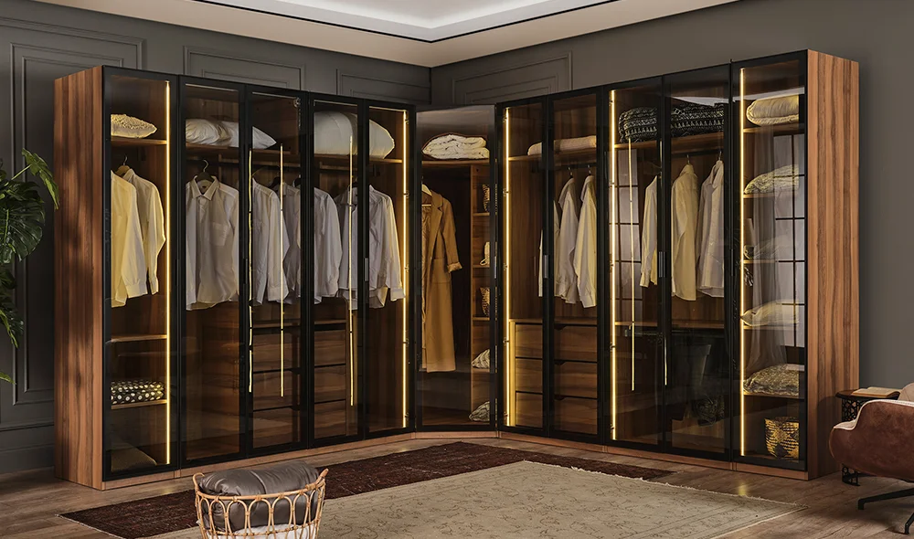 Suare Ceviz Köşe Gardrop