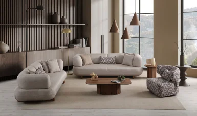 Brown Koltuk Takımı - Yataklı - Ahşap Ayaklı