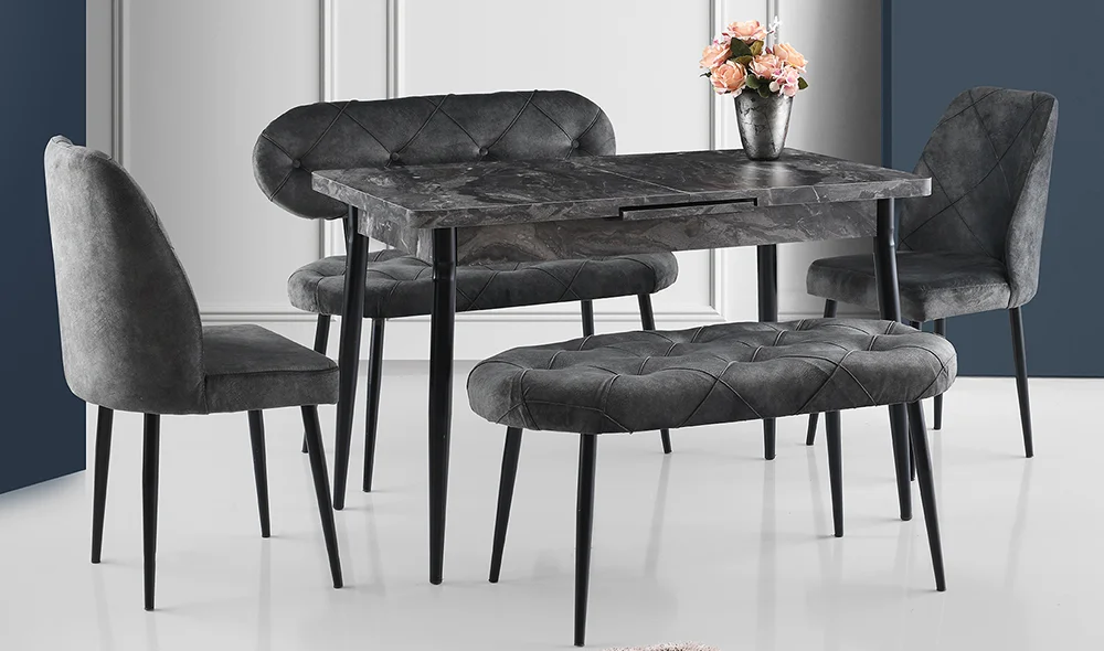 Gri Kapitoneli Yemek Masası Takımı